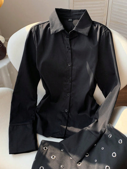 MainGRL Black Casual Waist Cinched Shirt With Folds For Women,Long Sleeve Tops