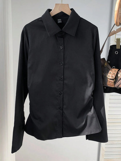MainGRL Black Casual Waist Cinched Shirt With Folds For Women,Long Sleeve Tops