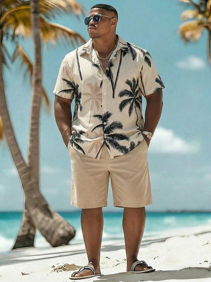 Manfinity RSRT Plus Size Men's Coconut Tree Print Single-Breasted Short Sleeve Top And Pocket Shorts Casual Holiday Beach Set