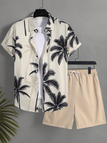 Manfinity RSRT Plus Size Men's Coconut Tree Print Single-Breasted Short Sleeve Top And Pocket Shorts Casual Holiday Beach Set