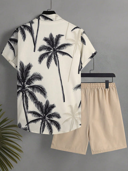 Manfinity RSRT Plus Size Men's Coconut Tree Print Single-Breasted Short Sleeve Top And Pocket Shorts Casual Holiday Beach Set