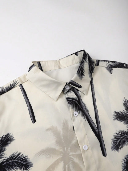 Manfinity RSRT Plus Size Men's Coconut Tree Print Single-Breasted Short Sleeve Top And Pocket Shorts Casual Holiday Beach Set