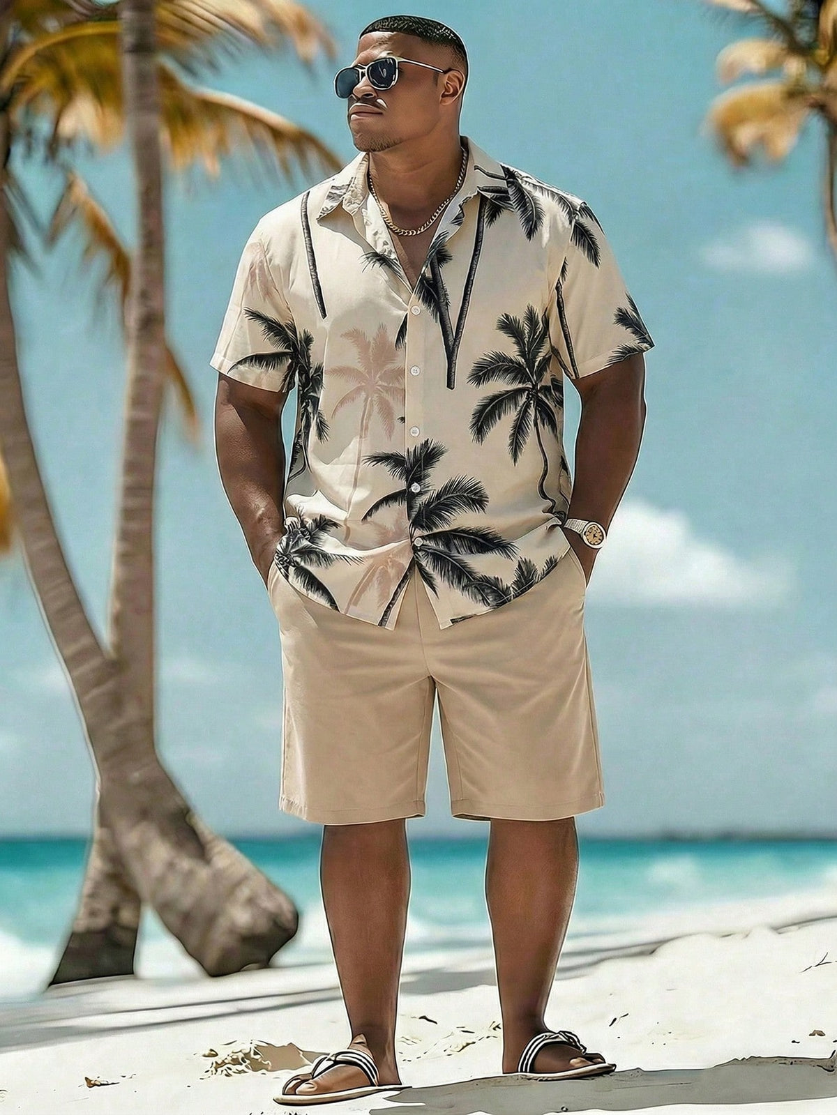 Manfinity RSRT Plus Size Men's Coconut Tree Print Single-Breasted Short Sleeve Top And Pocket Shorts Casual Holiday Beach Set