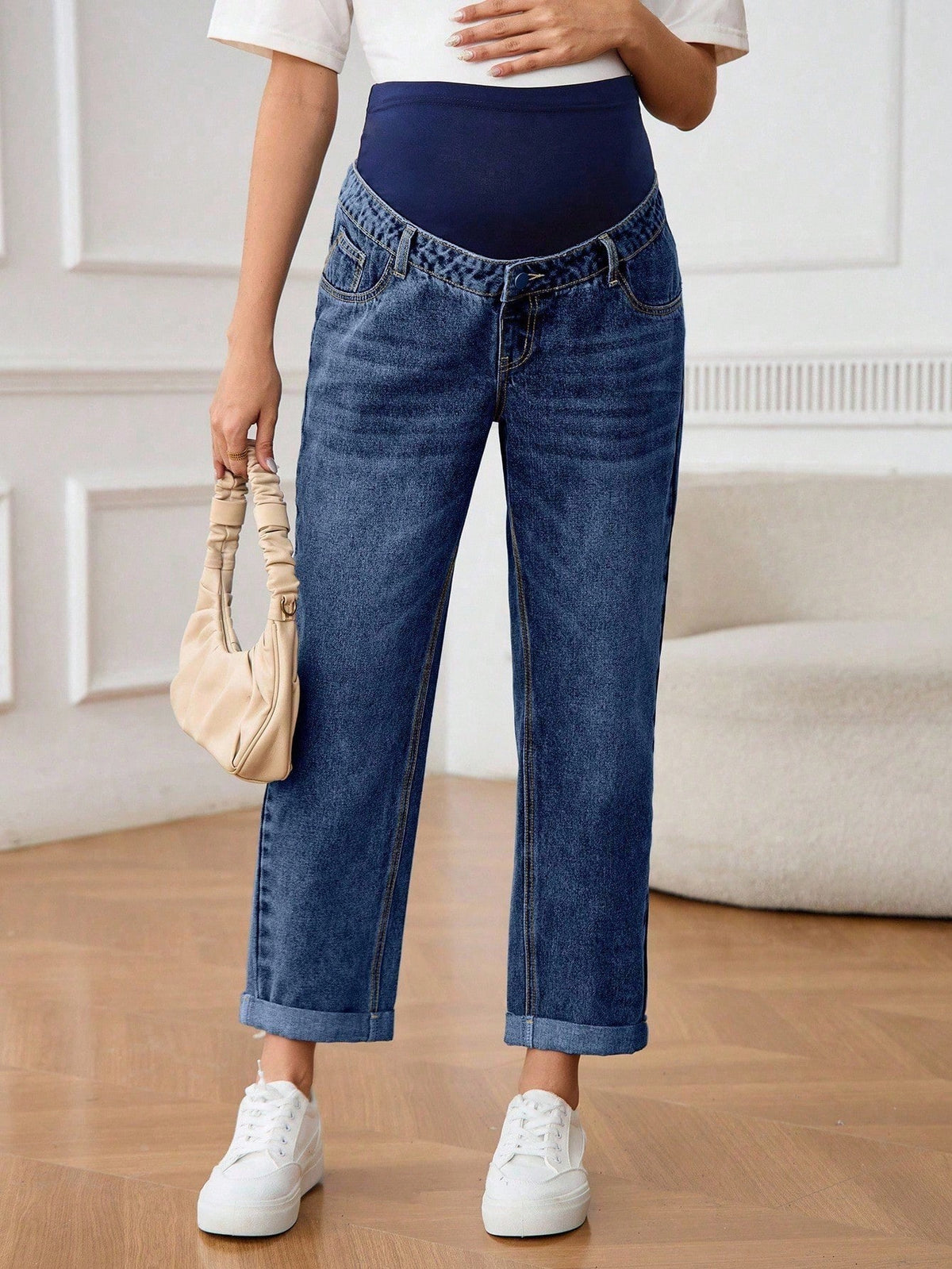 Maternity Distressed Color Block High Waist Jeans