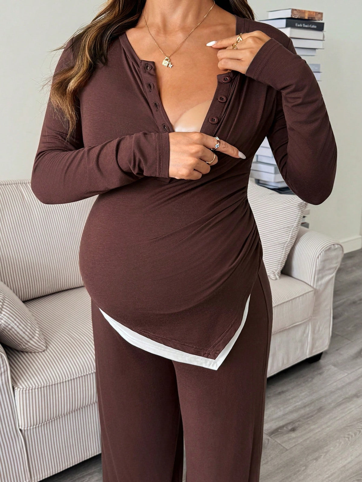 Maternity Nursing Functional Button Half-Placket Top And Adjustable Waist Long Pants 2 Pieces Set