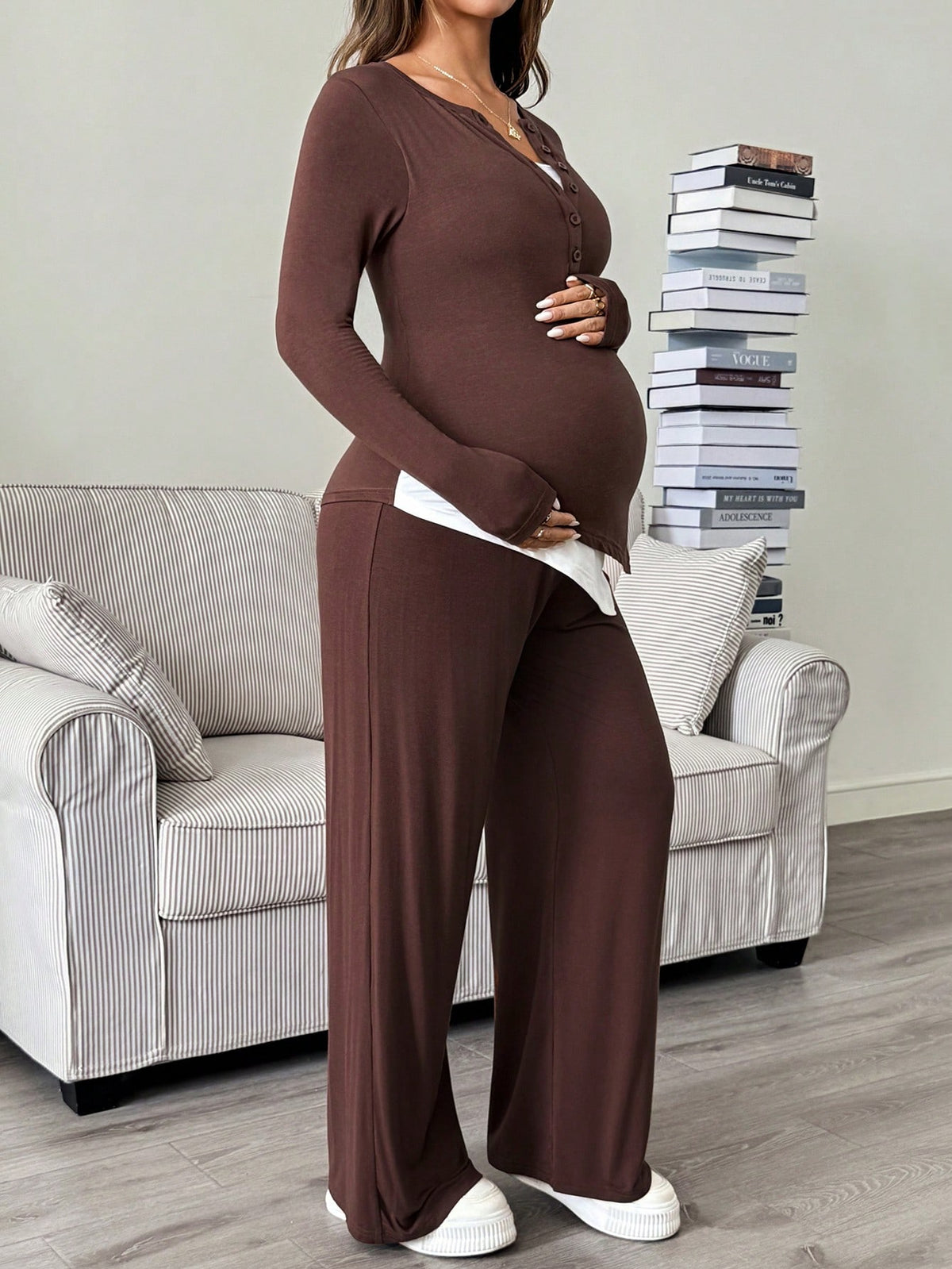 Maternity Nursing Functional Button Half-Placket Top And Adjustable Waist Long Pants 2 Pieces Set
