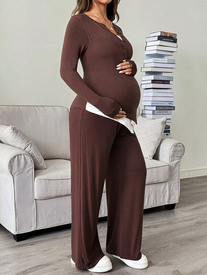 Maternity Nursing Functional Button Half-Placket Top And Adjustable Waist Long Pants 2 Pieces Set