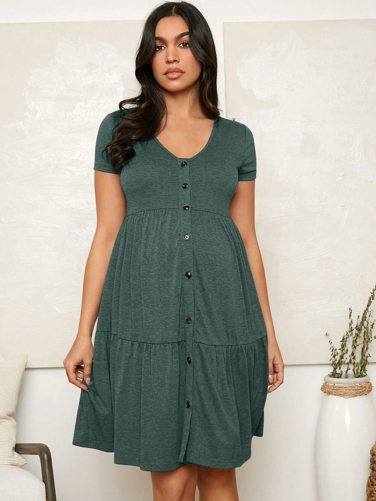 Maternity V-Neck Short Sleeve Button Front Casual Nursing Dress