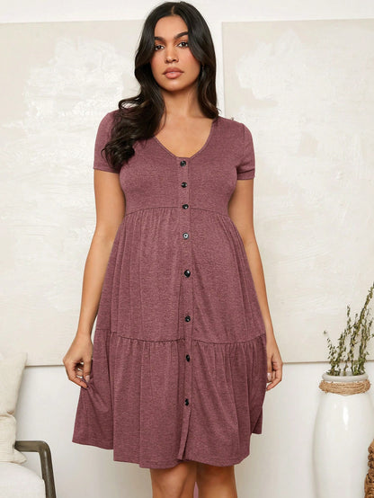 Maternity V-Neck Short Sleeve Button Front Casual Nursing Dress