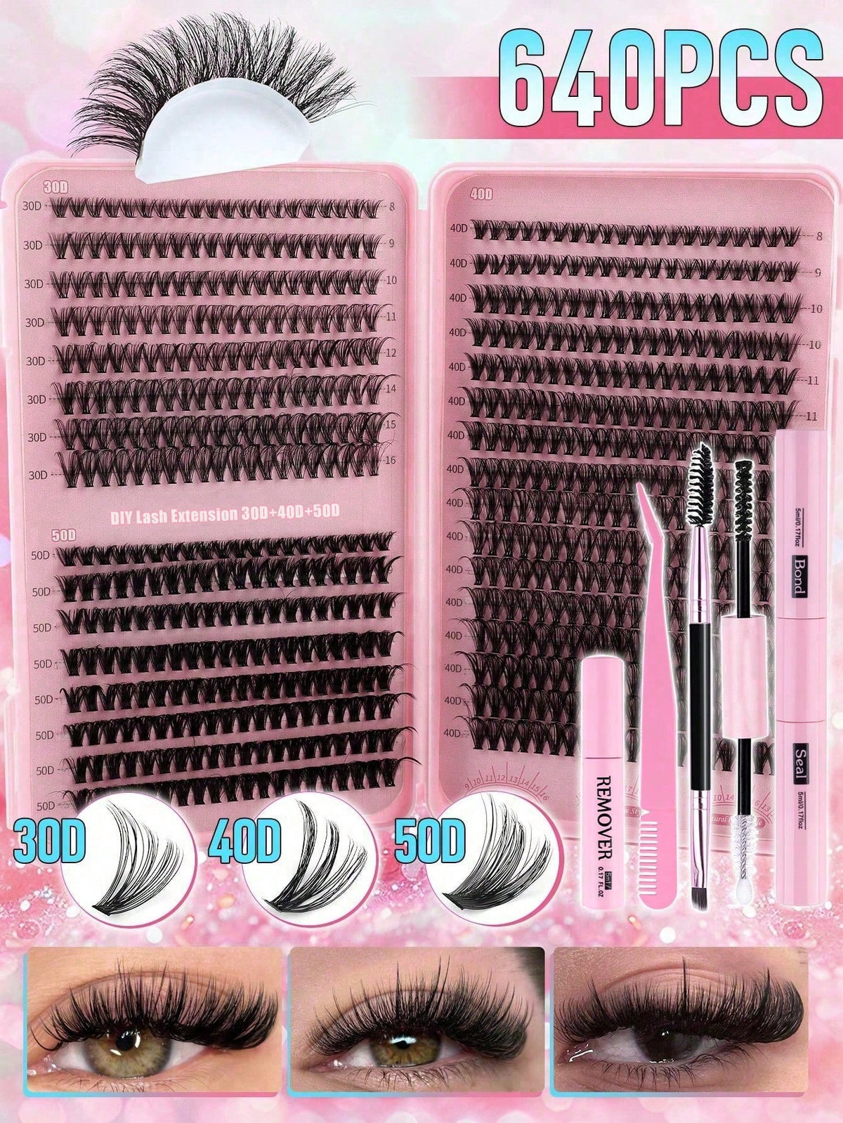 MEM 608pcs 10-16mm D Curl Holiday Eyelash Set, Includes 30D/40D/60D/80D Mixed Clusters, Soft And Natural, Suitable For Beginners, Includes Eyeshadow, Glue, Sealer, Tweezers And Eyelash Brush, For Home