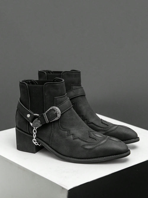 Men' S Black Vintage Pointed Cowboy Boots Fashion Western Personality Belt Buckle Thick Heel Slip-On Boots British Style Business Casual Shoes
