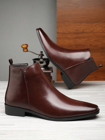 Men's British Korean Style Pointed Toe High-Top Anti-Slip Wear-Resistant Ankle Boots Fashion Versatile Height-Increasing Chelsea Boots (Runs Large)