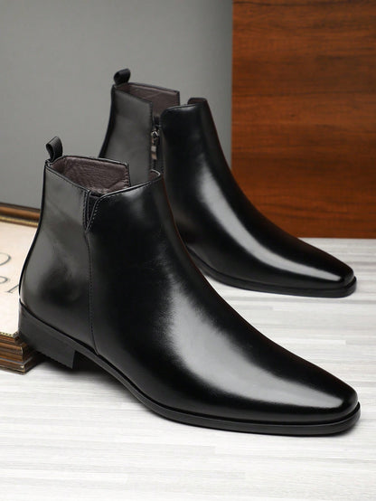Men's British Korean Style Pointed Toe High-Top Anti-Slip Wear-Resistant Ankle Boots Fashion Versatile Height-Increasing Chelsea Boots (Runs Large)
