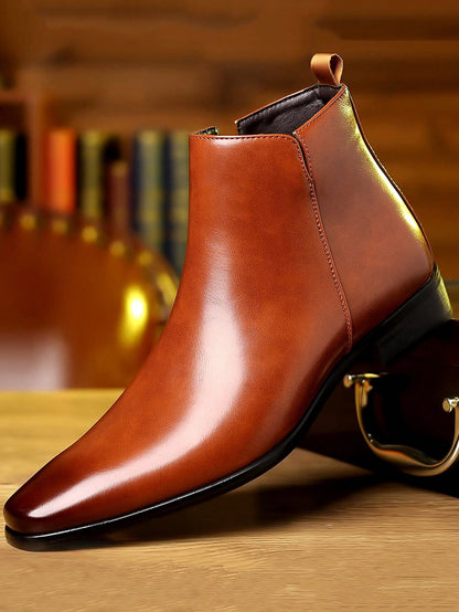 Men's British Korean Style Pointed Toe High-Top Anti-Slip Wear-Resistant Ankle Boots Fashion Versatile Height-Increasing Chelsea Boots (Runs Large)