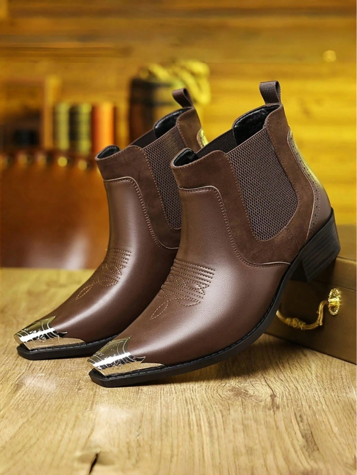Men's Chelsea Ankle Boots Western Cowboy Faux Leather Metal Pointed Toe Embroidered Elastic Side Slip On For Casual Daily Party Wedding Business Work