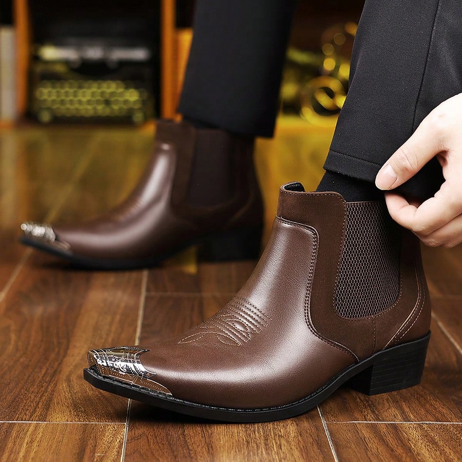 Men's Chelsea Ankle Boots Western Cowboy Faux Leather Metal Pointed Toe Embroidered Elastic Side Slip On For Casual Daily Party Wedding Business Work