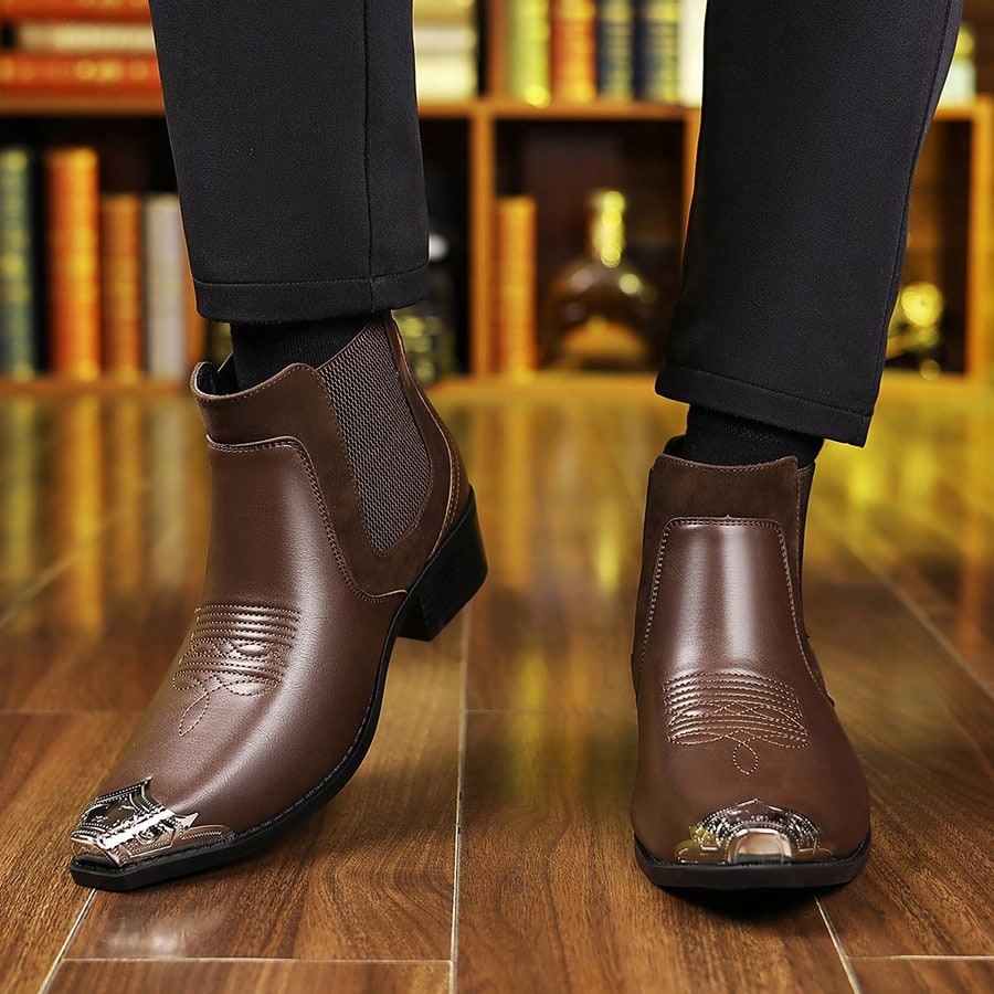 Men's Chelsea Ankle Boots Western Cowboy Faux Leather Metal Pointed Toe Embroidered Elastic Side Slip On For Casual Daily Party Wedding Business Work