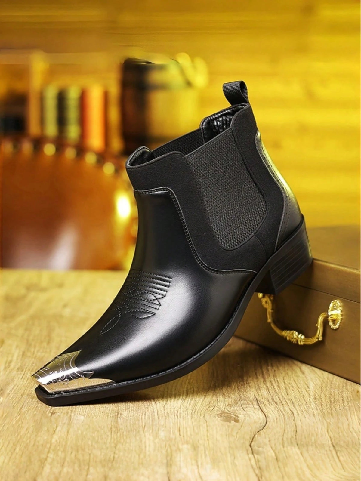 Men's Chelsea Ankle Boots Western Cowboy Faux Leather Metal Pointed Toe Embroidered Elastic Side Slip On For Casual Daily Party Wedding Business Work