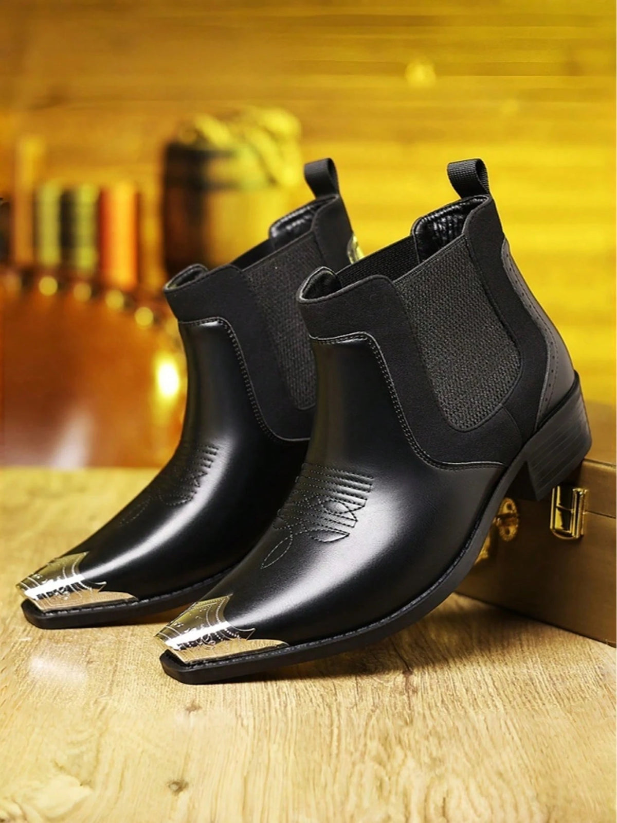 Men's Chelsea Ankle Boots Western Cowboy Faux Leather Metal Pointed Toe Embroidered Elastic Side Slip On For Casual Daily Party Wedding Business Work