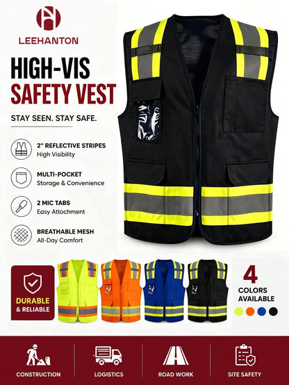 Men's High-Vis Reflective Safety Vest Workwear- Zipper Front Multi Pockets Lightweight Hi Vis Vest For Construction & Outdoor Work