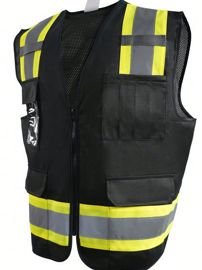 Men's High-Vis Reflective Safety Vest Workwear- Zipper Front Multi Pockets Lightweight Hi Vis Vest For Construction & Outdoor Work