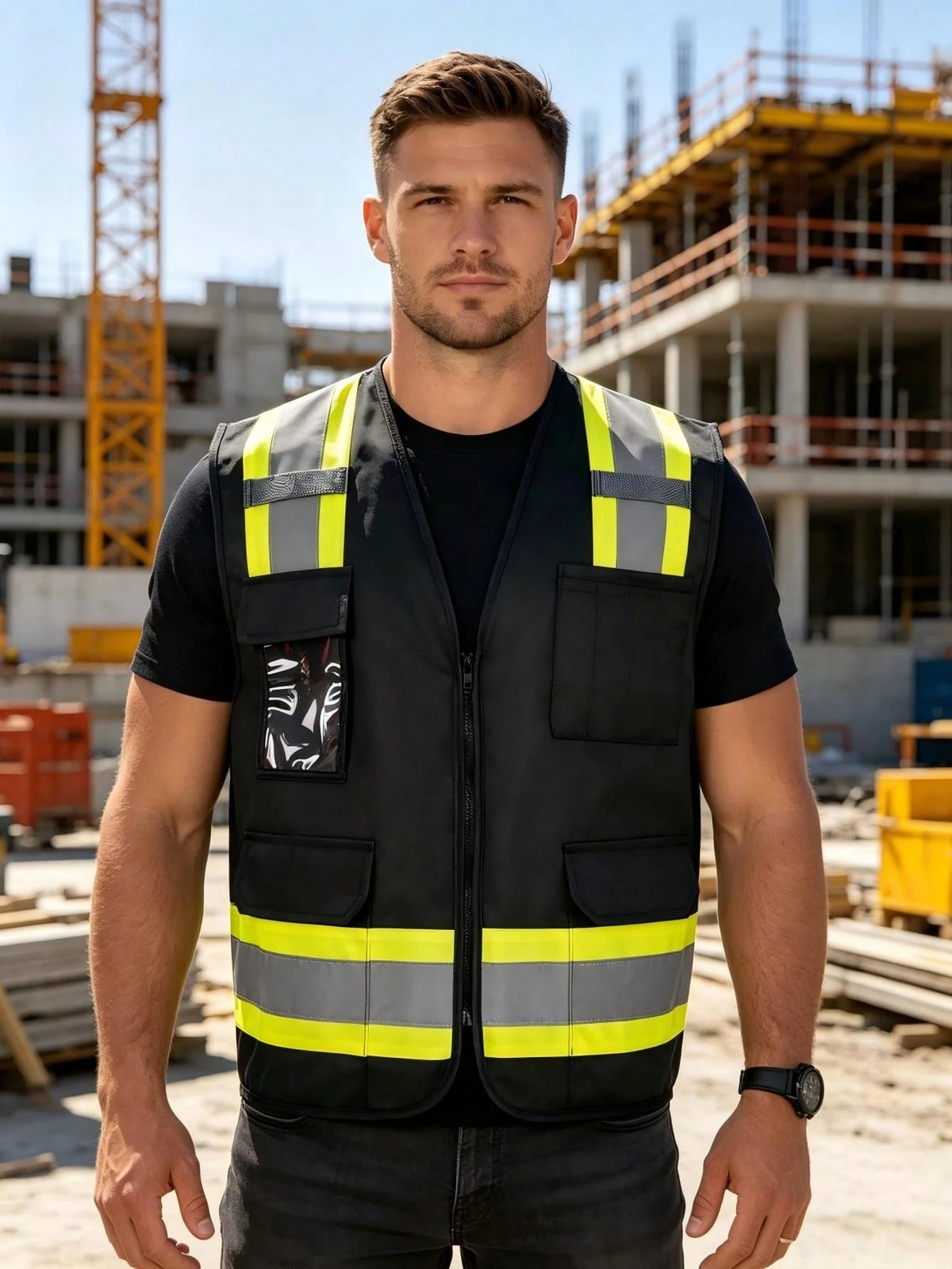 Men's High-Vis Reflective Safety Vest Workwear- Zipper Front Multi Pockets Lightweight Hi Vis Vest For Construction & Outdoor Work