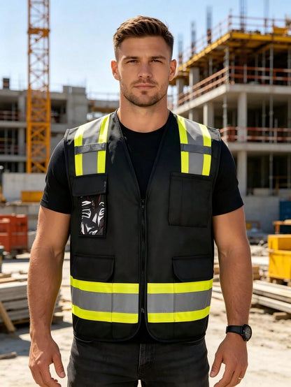 Men's High-Vis Reflective Safety Vest Workwear- Zipper Front Multi Pockets Lightweight Hi Vis Vest For Construction & Outdoor Work