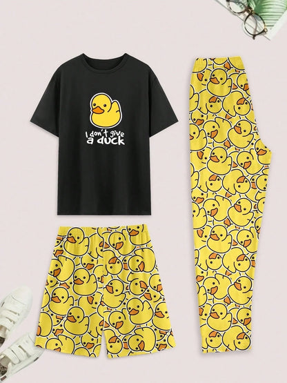 Men's Pajamas Set, Summer Round Neck Solid Color Cute Cartoon Duck Print, Comfortable Short Sleeve Shorts & Long Pants Loungewear