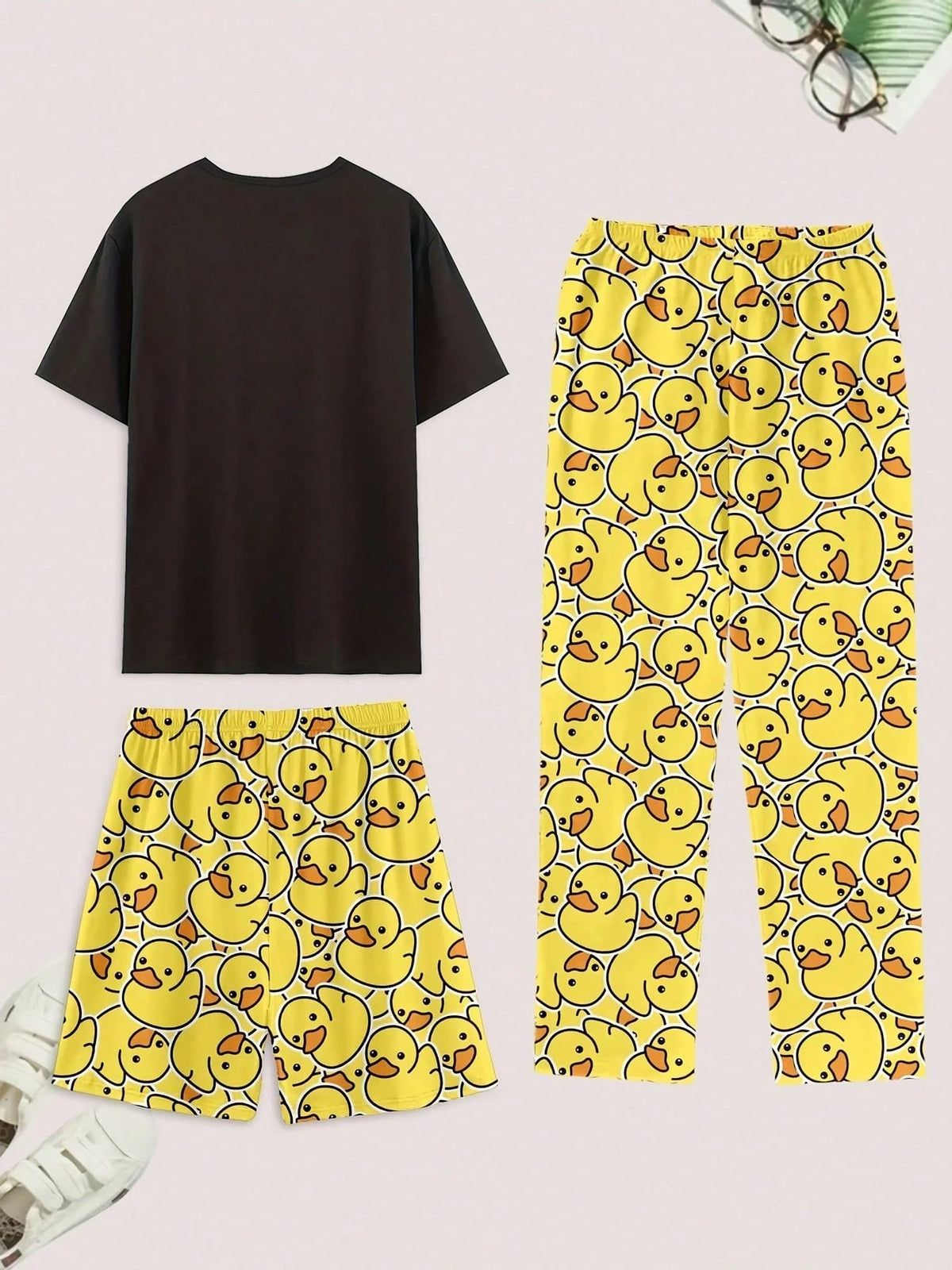 Men's Pajamas Set, Summer Round Neck Solid Color Cute Cartoon Duck Print, Comfortable Short Sleeve Shorts & Long Pants Loungewear