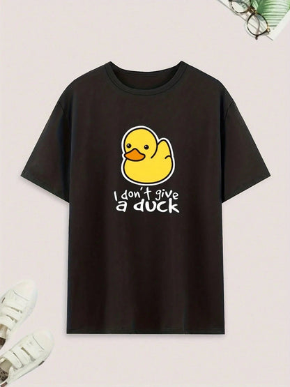 Men's Pajamas Set, Summer Round Neck Solid Color Cute Cartoon Duck Print, Comfortable Short Sleeve Shorts & Long Pants Loungewear