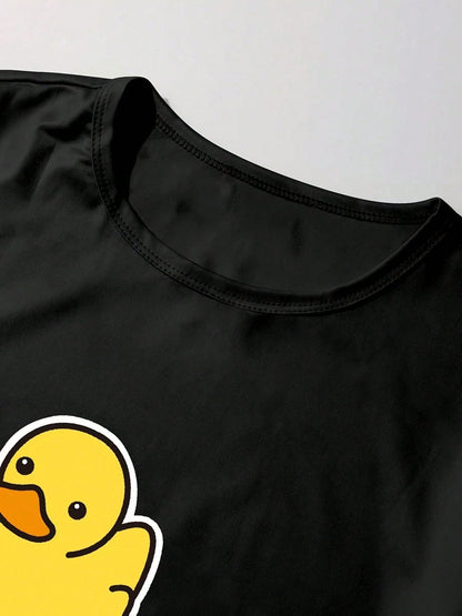 Men's Pajamas Set, Summer Round Neck Solid Color Cute Cartoon Duck Print, Comfortable Short Sleeve Shorts & Long Pants Loungewear