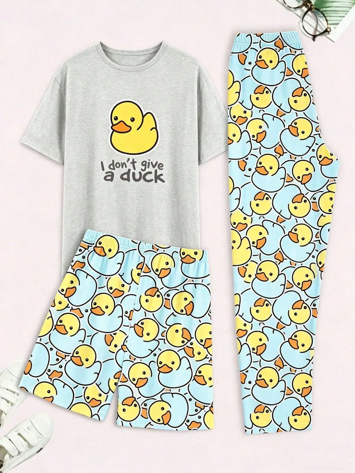 Men's Pajamas Set, Summer Round Neck Solid Color Cute Cartoon Duck Print, Comfortable Short Sleeve Shorts & Long Pants Loungewear