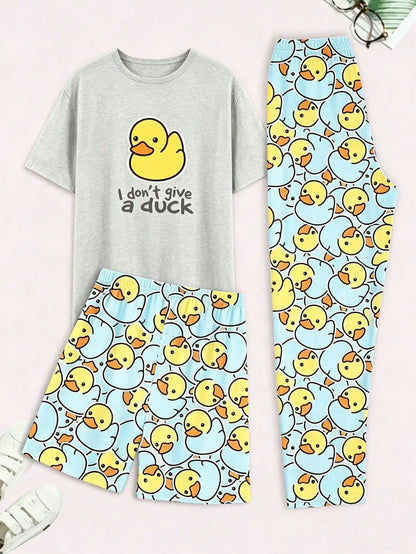 Men's Pajamas Set, Summer Round Neck Solid Color Cute Cartoon Duck Print, Comfortable Short Sleeve Shorts & Long Pants Loungewear