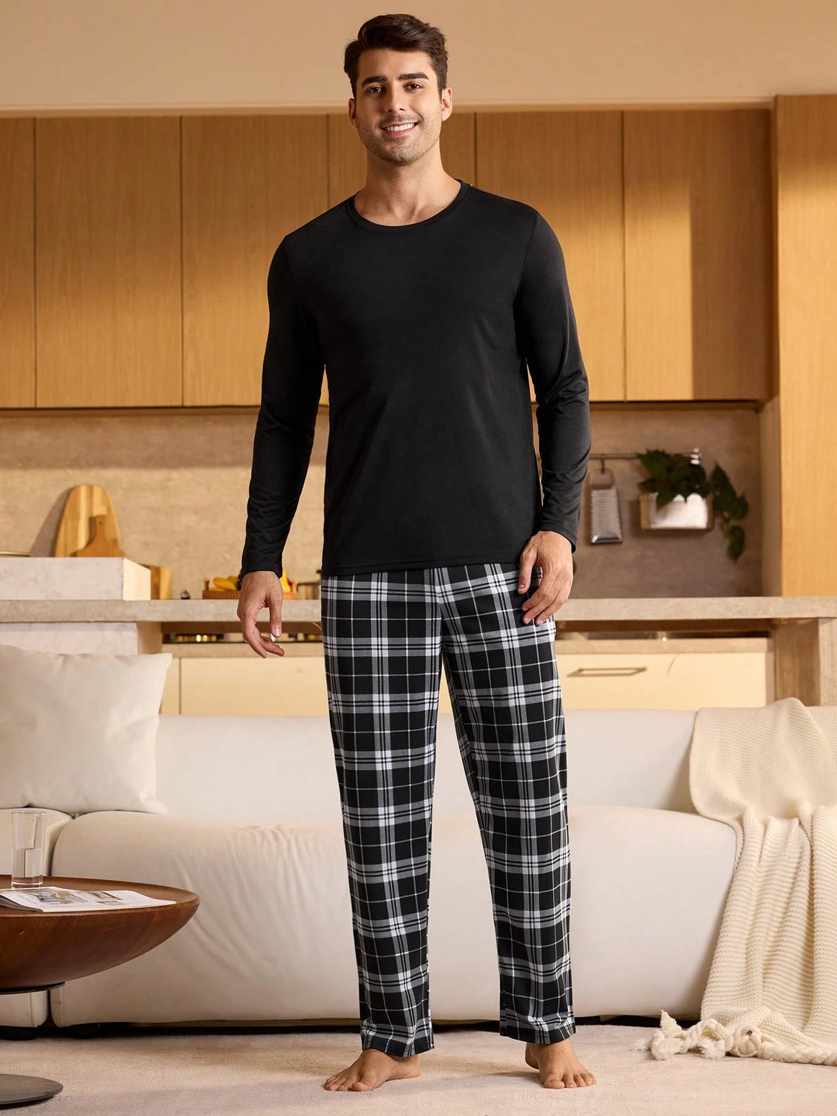 Men's Plaid Elastic Waist Lounge Pants, Winter