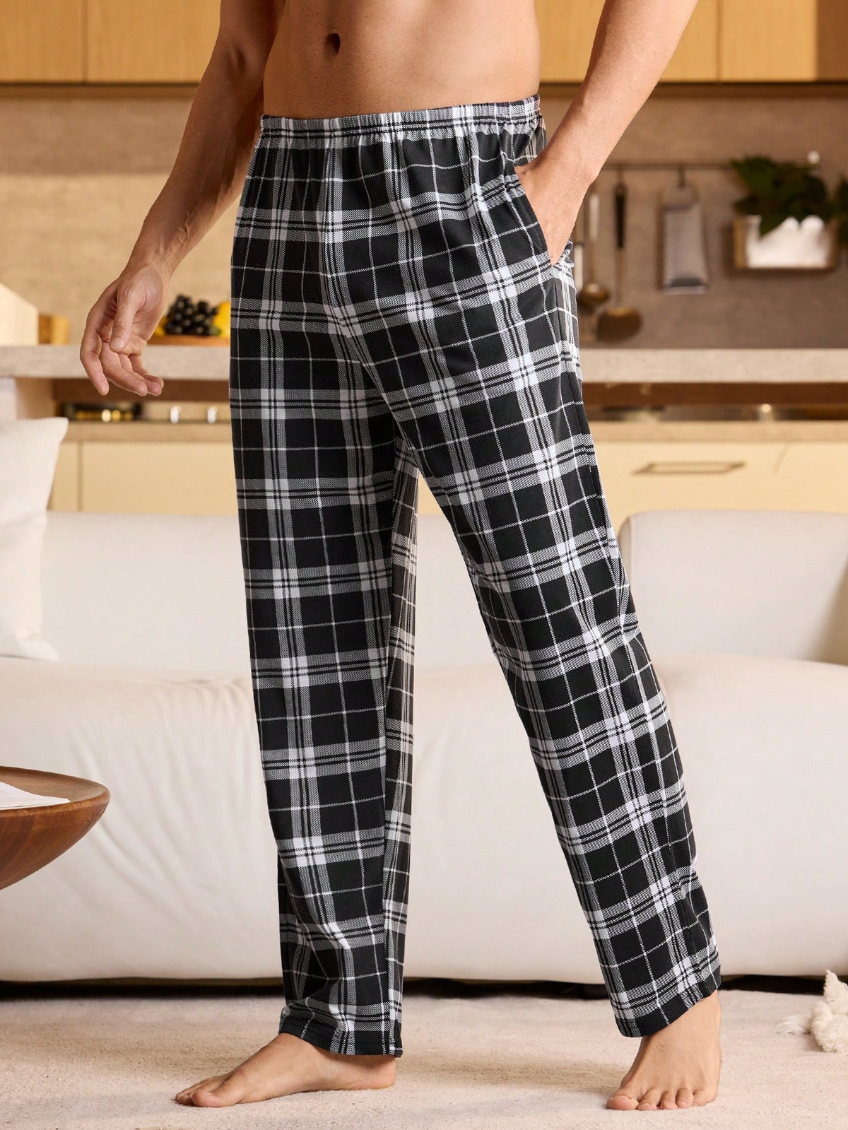 Men's Plaid Elastic Waist Lounge Pants, Winter