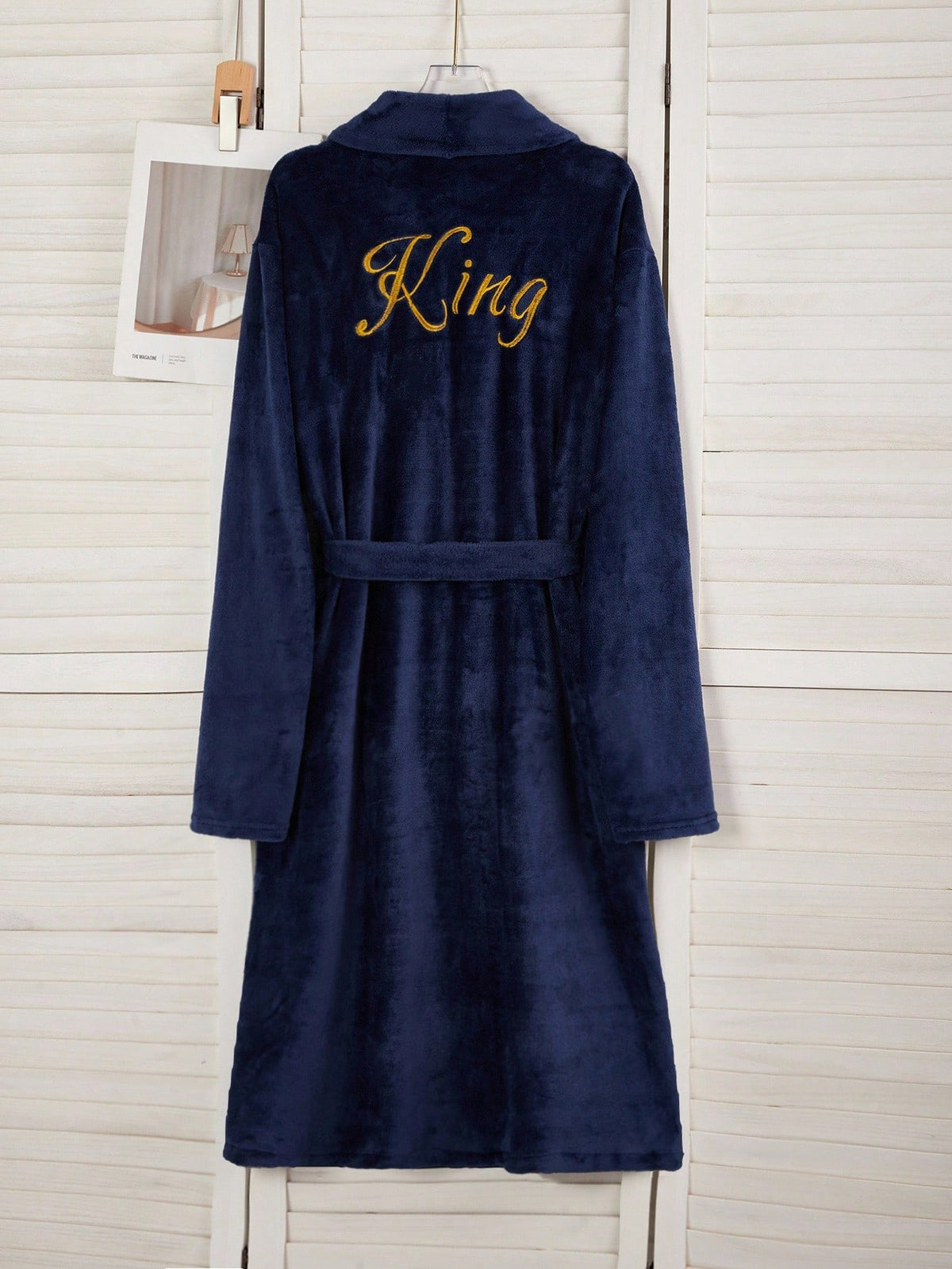 Men's Plush Flannel Bathrobe,Luxury Navy Blue Winter Robe With Embroidered King Text,Casual Home Lounge Long Sleeve Shawl Collar Drop Shoulder Robe