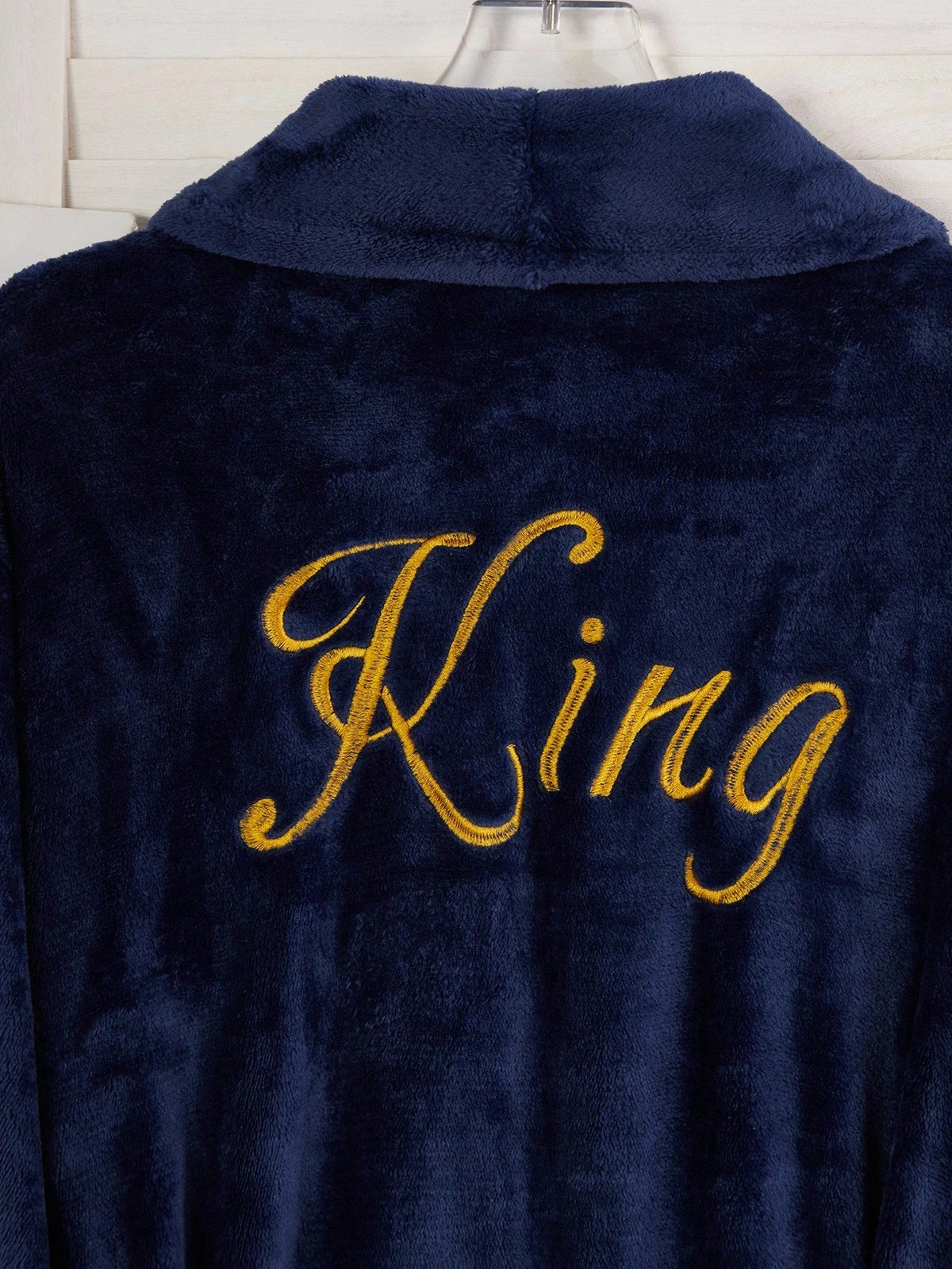 Men's Plush Flannel Bathrobe,Luxury Navy Blue Winter Robe With Embroidered King Text,Casual Home Lounge Long Sleeve Shawl Collar Drop Shoulder Robe