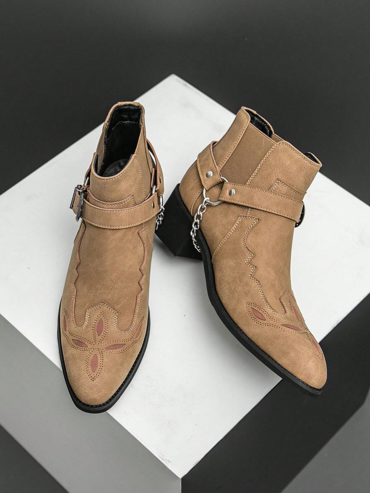 Men's Retro Chelsea Boots With Chain Decor, Suede Motorcycle Ankle Boots
