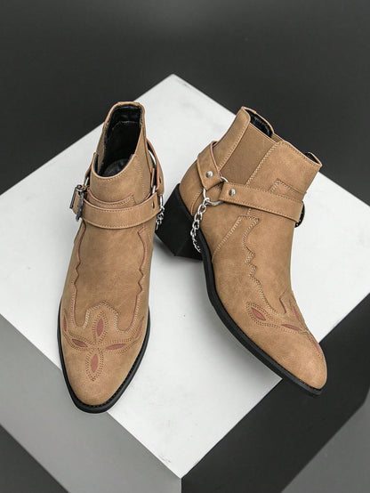 Men's Retro Chelsea Boots With Chain Decor, Suede Motorcycle Ankle Boots