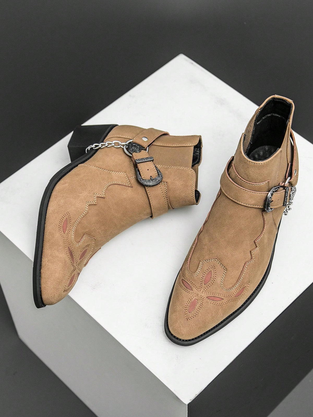 Men's Retro Chelsea Boots With Chain Decor, Suede Motorcycle Ankle Boots