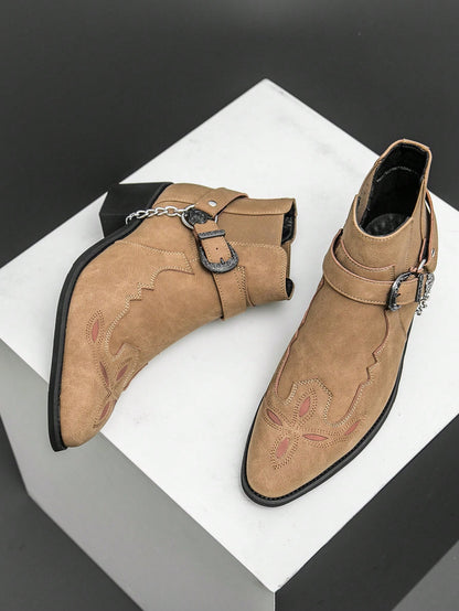 Men's Retro Chelsea Boots With Chain Decor, Suede Motorcycle Ankle Boots