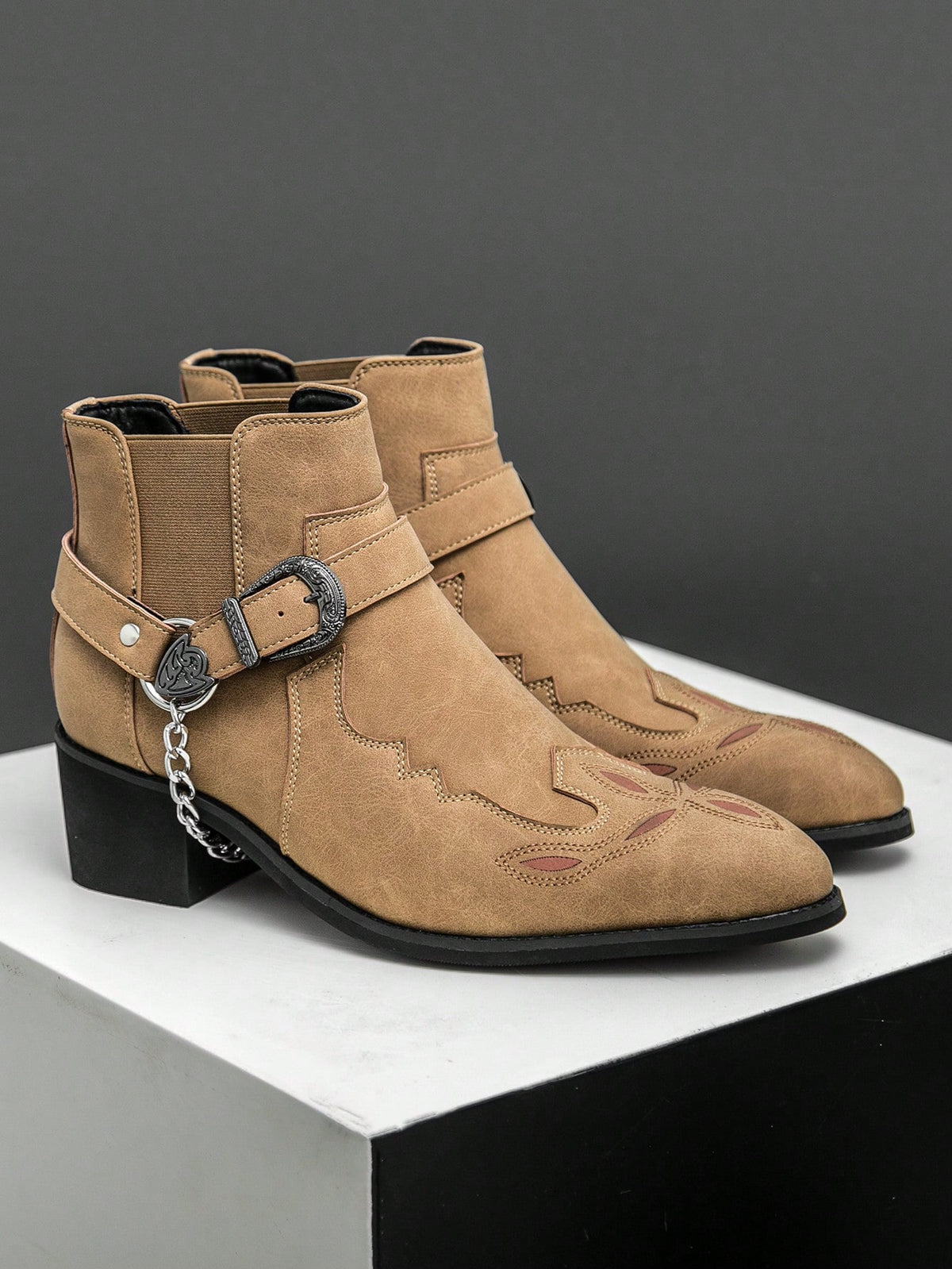 Men's Retro Chelsea Boots With Chain Decor, Suede Motorcycle Ankle Boots