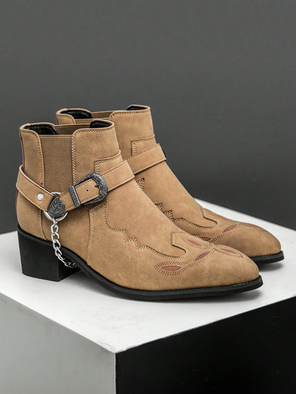 Men's Retro Chelsea Boots With Chain Decor, Suede Motorcycle Ankle Boots