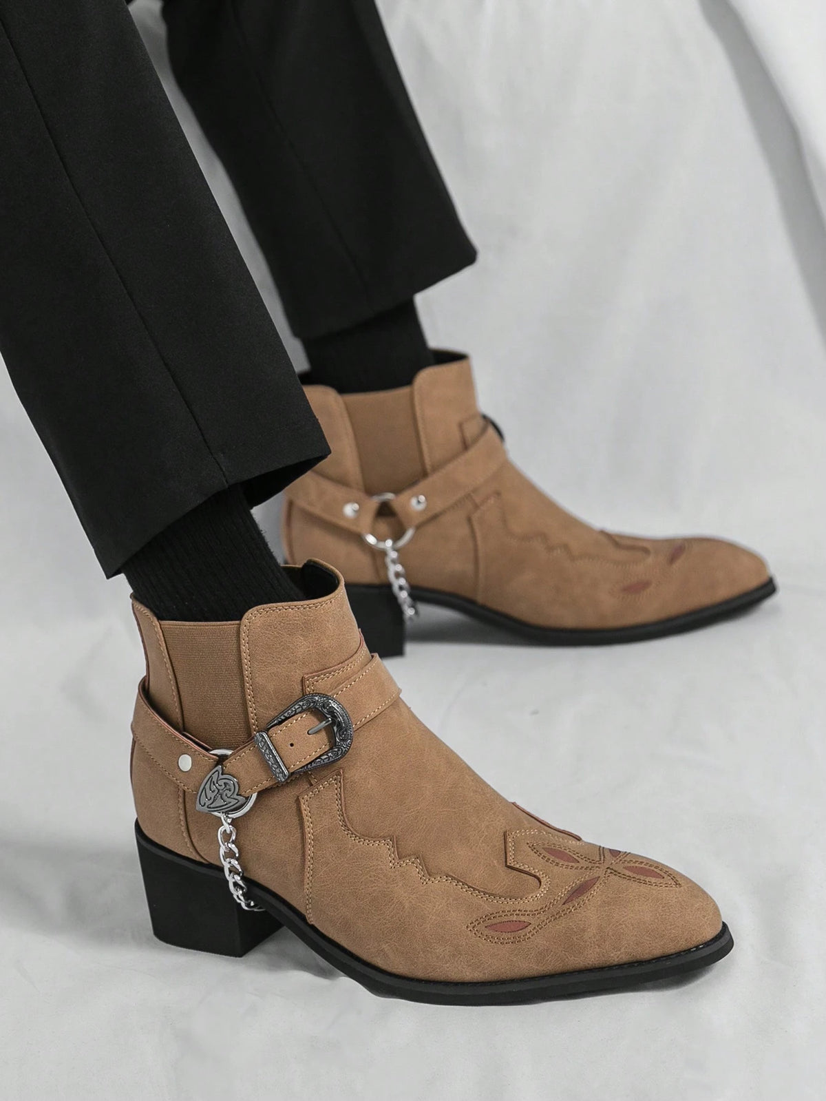 Men's Retro Chelsea Boots With Chain Decor, Suede Motorcycle Ankle Boots