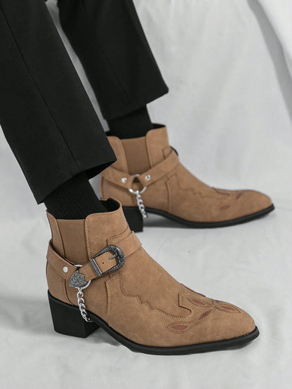 Men's Retro Chelsea Boots With Chain Decor, Suede Motorcycle Ankle Boots