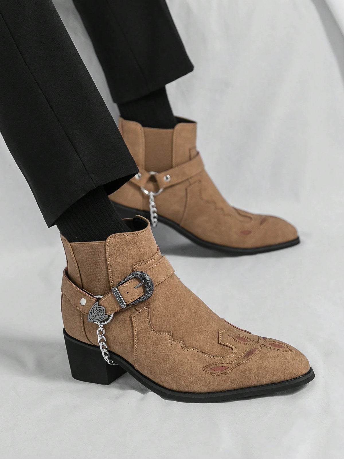 Men's Retro Chelsea Boots With Chain Decor, Suede Motorcycle Ankle Boots