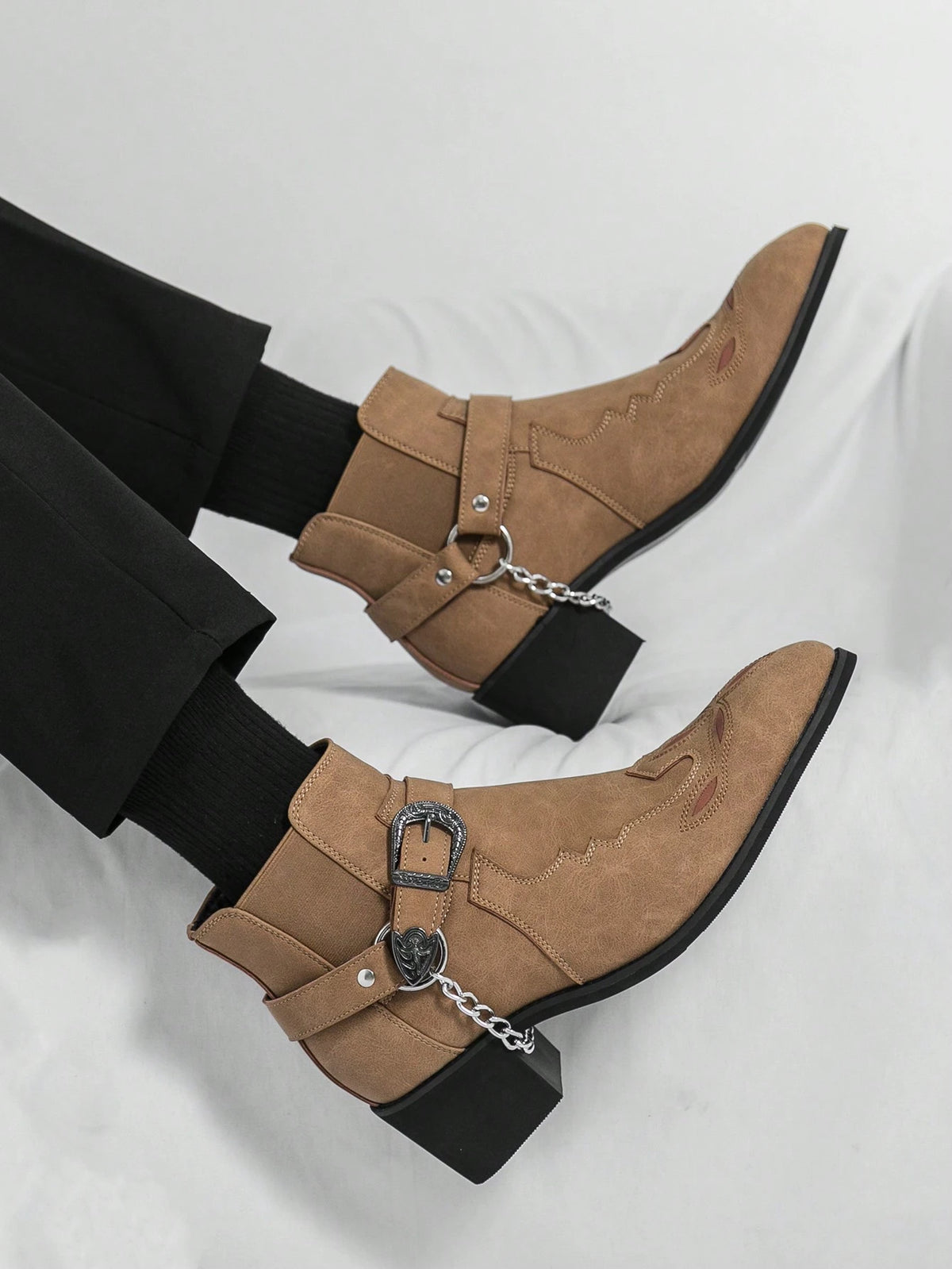 Men's Retro Chelsea Boots With Chain Decor, Suede Motorcycle Ankle Boots