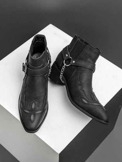 Men's Retro Chelsea Boots With Chain Decor, Suede Motorcycle Ankle Boots