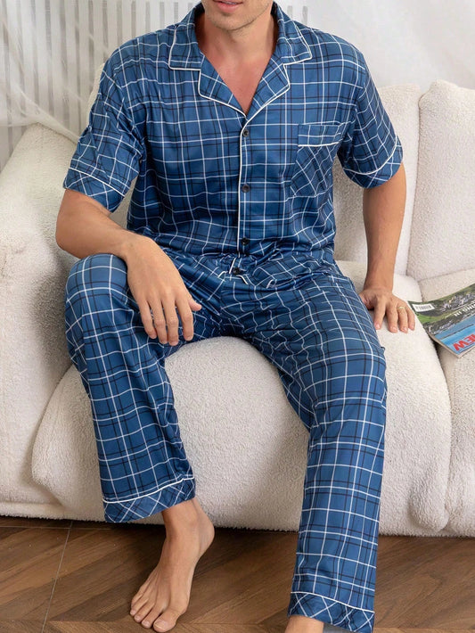 Men's Spring/Summer Thin Lapel Plaid Print Short Sleeve Long Pants Casual Comfortable Loungewear Set