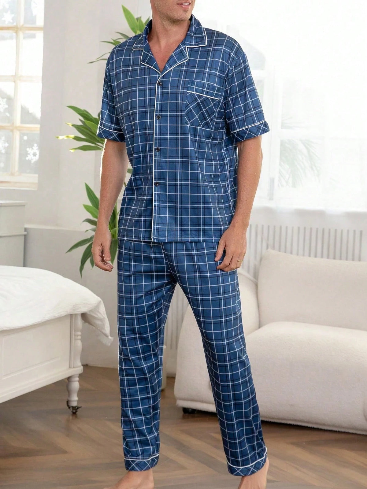 Men's Spring/Summer Thin Lapel Plaid Print Short Sleeve Long Pants Casual Comfortable Loungewear Set